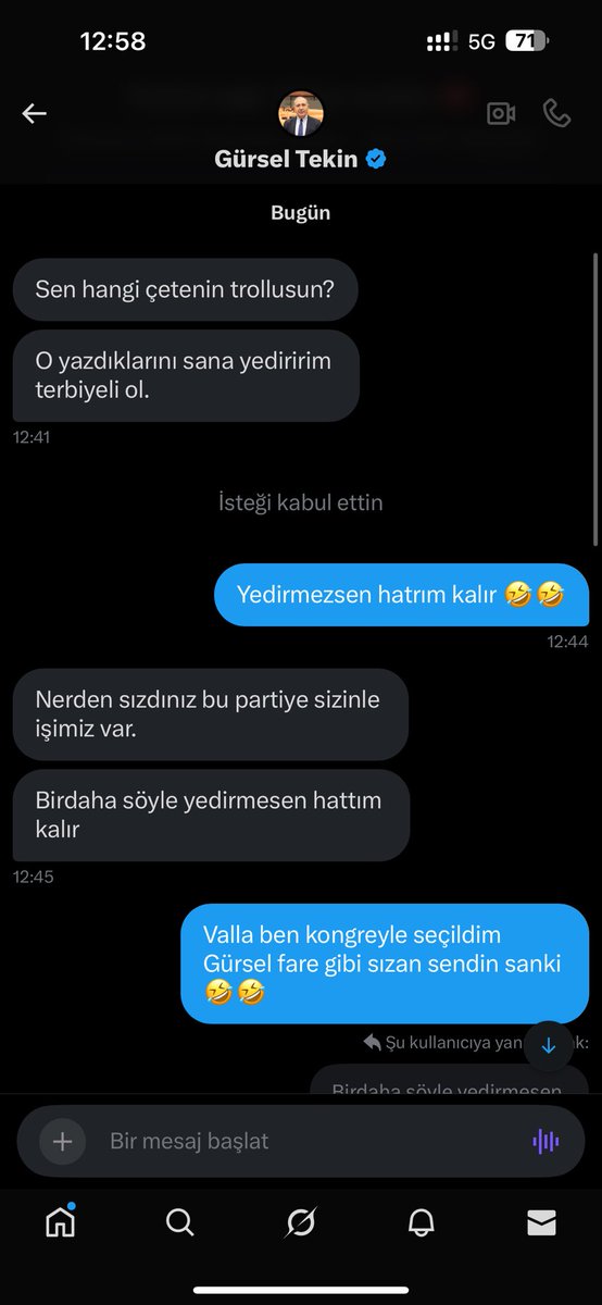 oktaymxf's tweet photo. Kendini İl Başkanı sanan bir arkadaş DM’den beni tehdit ediyor 🤣 Dikkat et tehdit ettiğin o gençlik kolları sana büyük gelmesin kullanışsız aparat https://t.co/qIjxdBfXSo