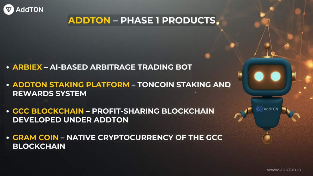 addtoncoin's tweet image. Addton – Phase 1 Products

1. Arbiex – AI-based arbitrage trading bot

2. AddTon Staking Platform – TONCOIN staking and rewards system

3. GCC Blockchain – Profit-sharing blockchain developed under Addton

4. Gram Coin – Native cryptocurrency of the GCC Blockchain

#Addton #GCC