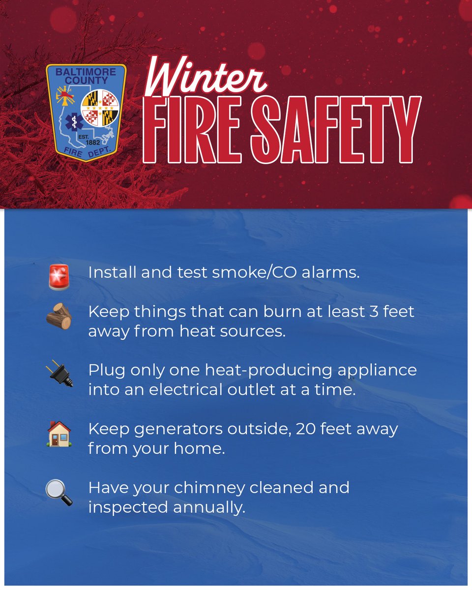 BaltCoFire's tweet image. Be #FireSmart this winter! 🔥

Keep you and your loved ones safe this winter by following these fire safety tips. 

Visit ow.ly/IILR50XAkH5 for more fire prevention tips.