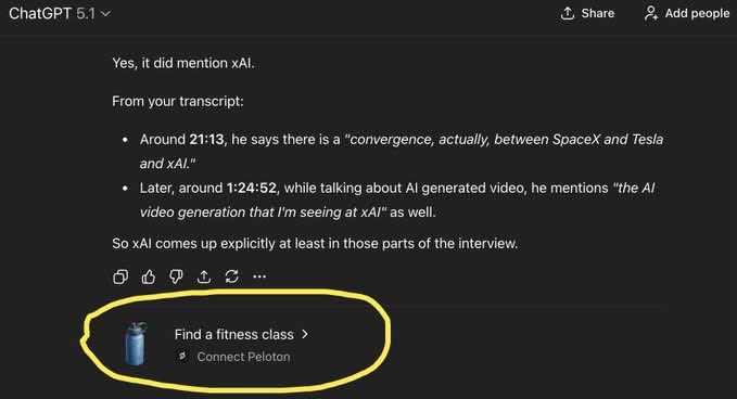 ChatGPT is already showing ads.

Find a fitness class, Connect Peloton.
