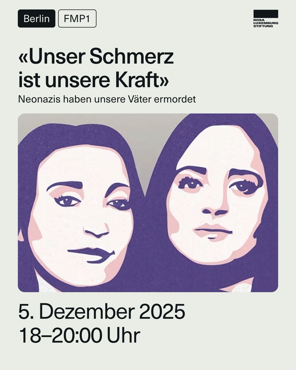 Diesen Freitag (5. 12. 18 Uhr) sprechen die Angehörigen Gamze Kubaşık und Semiya Şimşek von NSU-Mordopfern um 18 Uhr bei einer Veranstaltung im <a href="/FMP1_Berlin/">FMP1</a> zu ihrem Umgang mit der Trauer &amp; ihre Aufklärungsarbeit. 
Ankündigung: helle-panke.de/de/topic/3.ter…