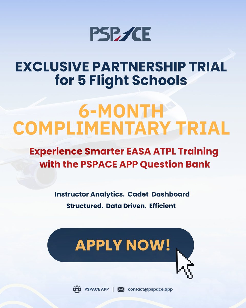 PSPACEAPP's tweet image. 𝗣𝗦𝗣𝗔𝗖𝗘 𝗔𝗣𝗣 𝗶𝘀 𝗴𝗲𝗮𝗿𝗶𝗻𝗴 𝘂𝗽 𝗳𝗼𝗿 𝗹𝗮𝘂𝗻𝗰𝗵!
We’re inviting 5 flight schools to join our exclusive partnership trial — enjoy 6-month complimentary trial to the new EASA ATPL Training Platform, completely free.

 Visit: pspace.app/?social=twitter