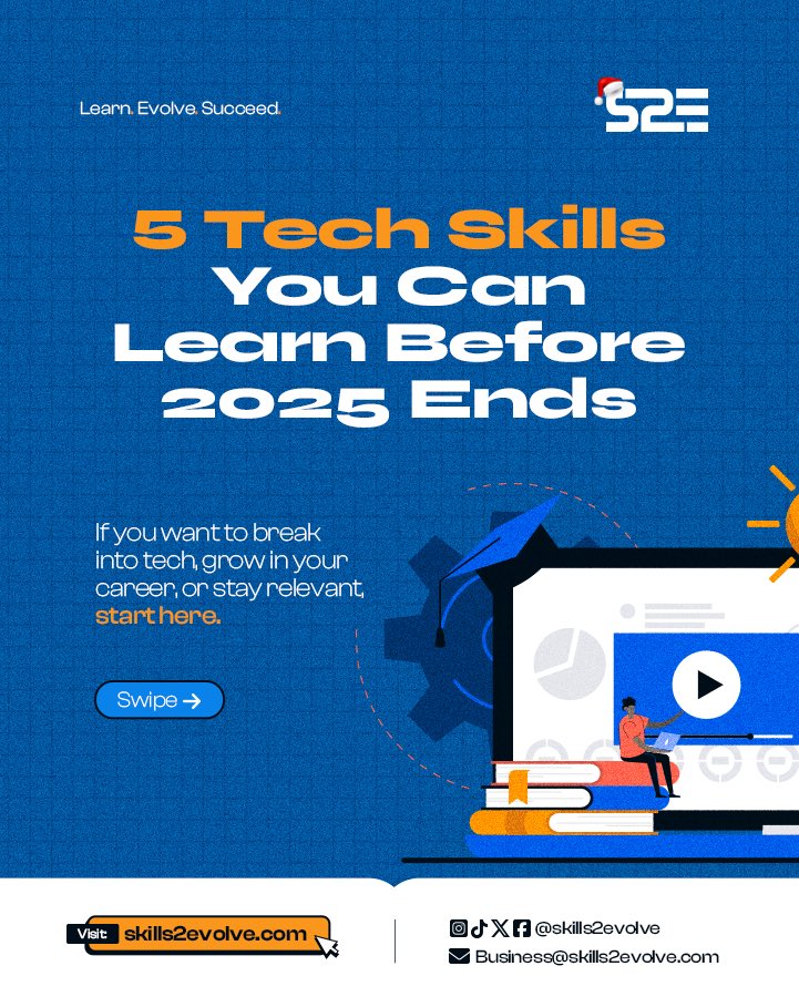 Skills2Evolve's tweet image. 2026 is around the corner, but you still have enough time to level up. 🚀

Here are 5 tech skills you can start learning TODAY, even as a complete beginner.

The best part is you don’t need a degree or expensive equipment. Just curiosity, consistency, and a willingness to evolve.