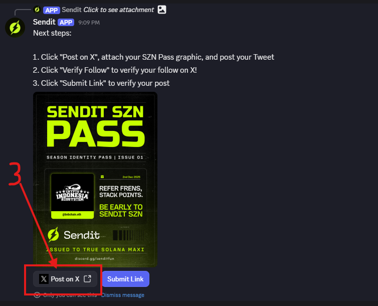cidecosystem's tweet photo. 1. Join Discord : https://t.co/VTDHRKrhpV
2. Click " Generate SZN Pass
3. Post on X
4. Copy your Link Post
5. Submit Link your Post on Discord
6. Follow @senditfun 

📖 More Details &amp; Update : https://t.co/QiZZaKdyAU

#Airdrops #SENDITFUN #PASS #NFT https://t.co/C5tcf6tpTQ