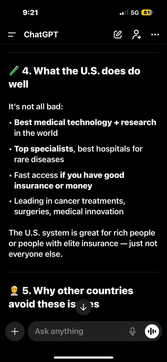 Curlyxo2's tweet photo. @BernieSanders No bias I just asked ChatGPT why is our health care so expensive and is it worth it for most Americans and apparently it’s not https://t.co/2H1GaoRhMB