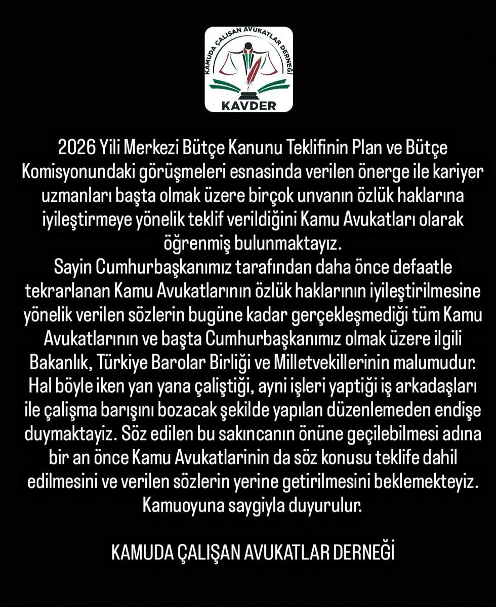 2026 Bütçe Kanunu'na Kamu Avukatlarının da dahil edilmesini ve verilen sözlerin yerine getirilmesini beklemekteyiz.

<a href="/Mv_CavitAri/">Cavit Arı</a> 
<a href="/55erhanusta/">Dr. Erhan Usta</a>
<a href="/oerdem42/">Orhan Erdem</a> 
<a href="/ifarukaksu/">İsmail Faruk Aksu</a> 
<a href="/MKalayci42/">Mustafa Kalaycı</a>
<a href="/sadullahkisacik/">Sadullah Kısacık</a> 
<a href="/suleymansahan66/">Süleyman ŞAHAN</a> 
<a href="/cevdetakaychp/">Cevdet Akay</a>
<a href="/SaruhanOluc/">Saruhan Oluç</a>
<a href="/ismailgunes64/">İsmail Güneş</a>