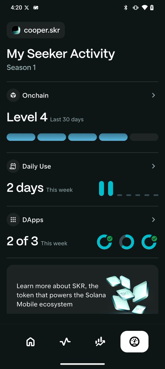 0xC00per's tweet image. It’s Tuesday, and I’ve already closed 2/3 activity rings on my Solana Seeker - plus reached Level 4 on-chain activity over the last 30 days 🫡

Let’s see if I can close all the rings and hit Level 5 before the week ends 🤔

How’s your progress looking?

Sent from Solana Seeker📱