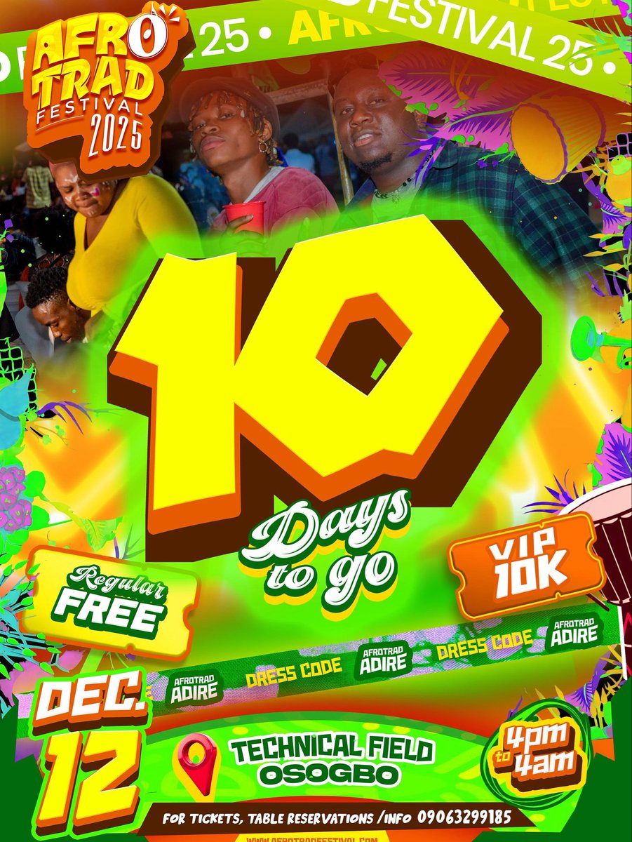 10 days to the Biggest Festival in Nigeria 🇳🇬 

🟠AfroTrad Festival 2025

Featuring: AfroBeat/Traditional music 🎶 , Carnival 🎡 , Cultural Troupe 🪇, Industry Night🎭, Children’s Corner🛝, Santa Claus🎅, Games🎱🏓, Face-Painting 🎨, Horse Ride 🏇 &amp; lot More

 🗓️ Dec 12