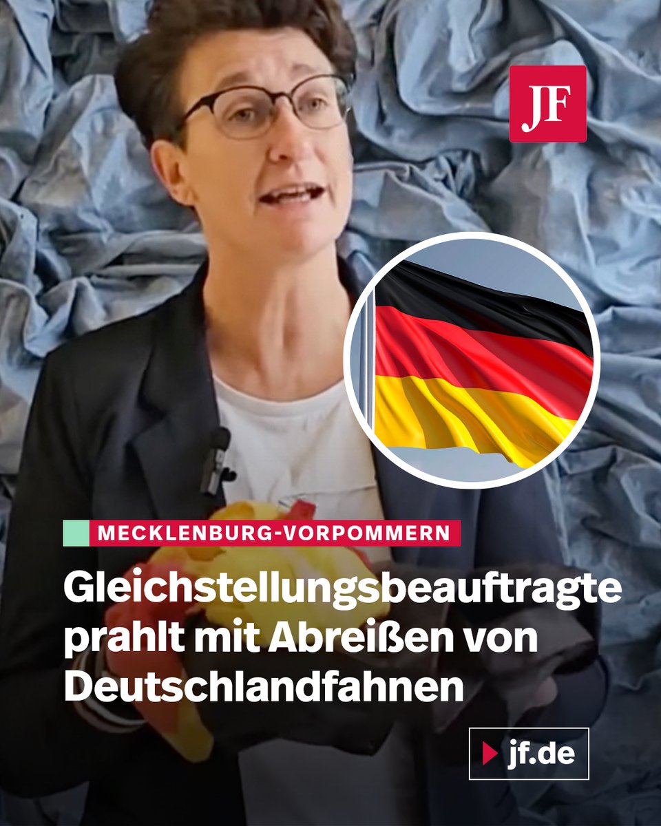 Empörung um eine Linkspartei-Politikerin: Wenke Brüdgam prahlt in einem Instagram-Video damit, Deutschlandfahnen von Häusern gerissen zu haben. Die Landesbeauftragte für Frauen und Gleichstellung in Mecklenburg-Vorpommern erklärt darin, die Bundesfarben seien in „diesen Zeiten“