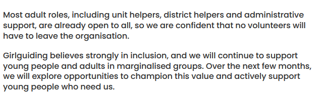 Excellent news. Girl guiding will be just for girls again. 
However, that adult roles are open to all remains a significant concern unless proper safeguarding rules are in place. 
girlguiding.org.uk/information-fo…
<a href="/thirdsectorSEEN/">ThirdSectorSEEN</a> <a href="/SexMattersOrg/">Sex Matters</a> <a href="/JournalismSEEN/">SEEN in Journalism</a>