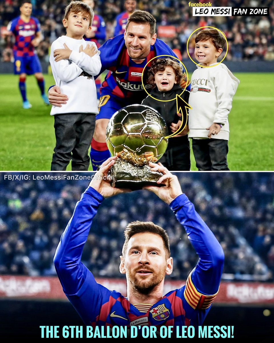 LeoMessiFanZone's tweet photo. 🚨OTD: Exactly 6 years ago today, Leo Messi won his career 6th Ballon d’Or & broke the shared record with Cristiano Ronaldo (5)! 🏆🔥

Later, when Messi presented the Ballon d’Or award at the Camp Nou in front of Barca fans, he went with his three sons! 🫶😍

And then Mateo Messi was smiling, Ciro Messi was crying & Thiago Messi was full of shyness! Forever an iconic Ballon d’Or presentation! ✨💫