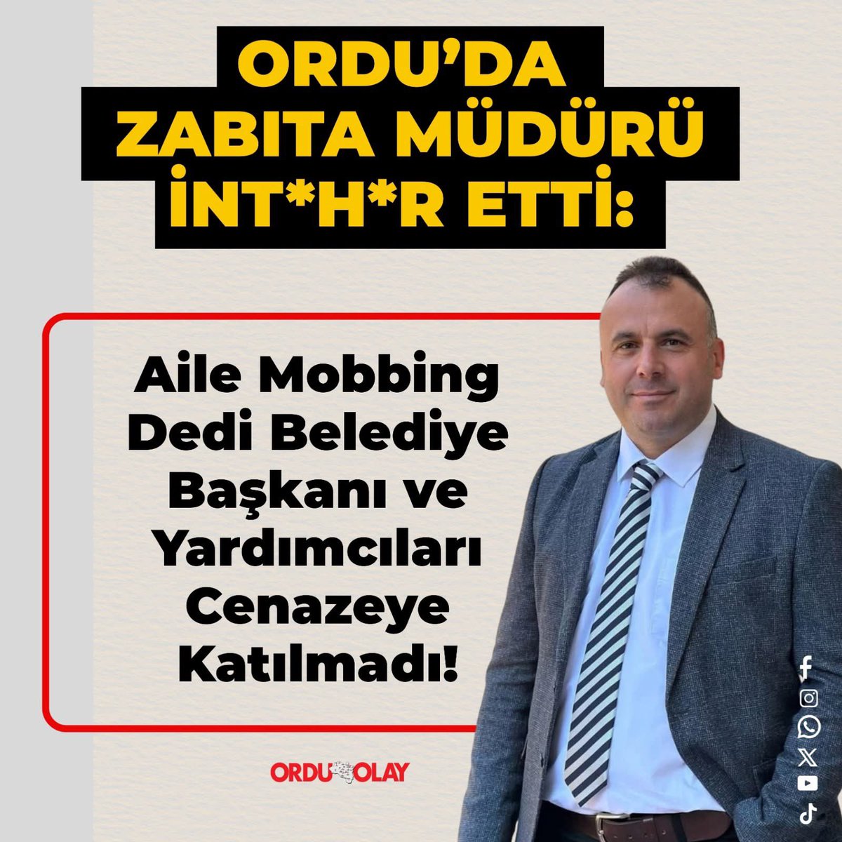 Ordu’nun Aybastı ilçesinde evinde yaşamına son veren Belediye Zabıta Müdürü Uğur Arpacı, Fatih Mahallesi'nde son yolculuğuna uğurlandı. Ailenin "mobbing" iddialarıyla sarsılan ilçede, Belediye Başkanı İzzet Gündoğar ve yardımcılarının cenaze törenine katılmaması dikkat çekti.