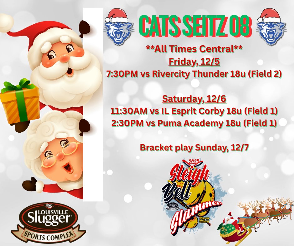 🎄🎅 CATS SEITZ 08 squad is headed to the Sleigh Bell Slammer at Louisville Slugger Sports Complex &amp; they’re bringing the holiday heat! 
🗓️ All times CT
🎁 Fri 12/5 – 7:30P v Rivercity Thunder
🎁 Sat 12/6 – 11:30A v IL Esprit Corby &amp; 2:30P v Puma Academy
🎄 Bracket play Sun 12/7