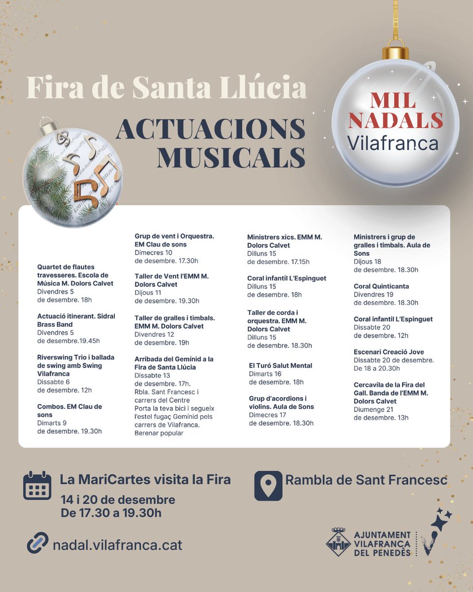 🆕🎄La Fira de Santa Llúcia s'instal·la aquest a la Rambla de Sant Francesc, on podreu visitar les parades i participar dels tallers i activitats.
📆Del 5 al 21 de desembre
⏰De 10 a 20h. Caps de setmana i festius, de 10 a 20.30h
🌟 nadal.vilafranca.cat