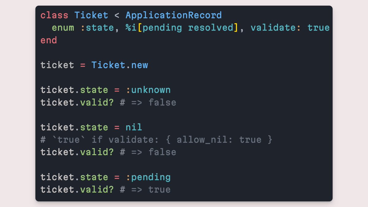 rails's tweet image. Rails 7.1 added a small but super handy improvement to enums: built-in validation. Just pass validate: true to an enum or validate: { allow_nil: true } to accept nil values. Here’s an example below, but check out the API docs for details: api.rubyonrails.org/v7.1/classes/A… #railstip
