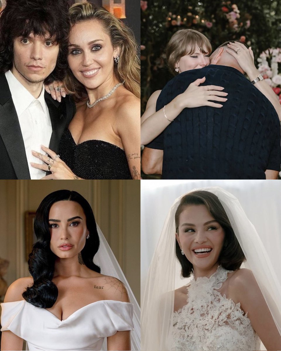 Vinod_r108's tweet image. Miley Cyrus, Taylor Swift, Selena Gomez and Demi Lovato got married or engaged in the same year.

2025, the year when the pop stars finally found the love of their lives and are happy.🥹