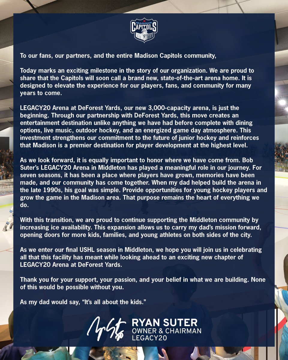 A letter from Owner &amp; Chairman of LEGACY20, Ryan Suter, about the announcement made by the team this morning.

#GoCapsGo