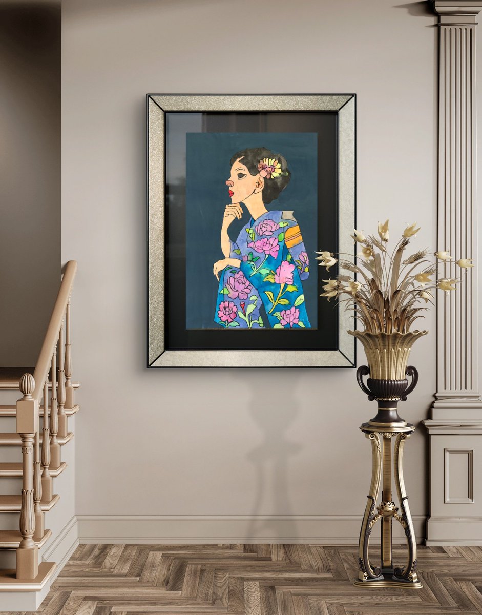 Title:  Woman wearing a rose shirt. : バラのシャツを着た女性 : หญิงใส่เสื้อดอกกุหลาบ
Technique : Oil pastels and watercolor on paper.
Size : 42x59.4 cm.

I'm vivid colour expressions artists.