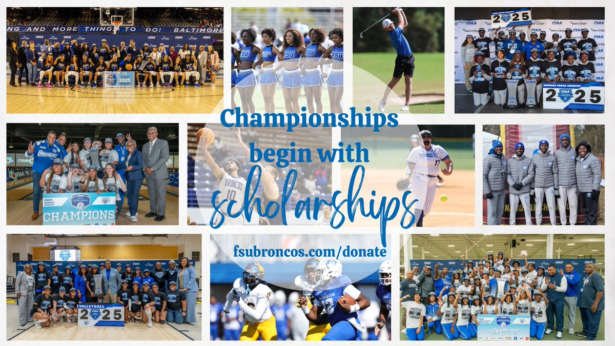 FSUBroncos's tweet photo. Championships begin with Scholarships! 💙
This #GivingTuesday, help FSU Athletics build champions on and off the court. Your gift provides scholarships that fuel success in the classroom and competition.
👉 Donate: https://t.co/0qkLvq70CK #BroncoPride |  #GivingTuesday https://t.co/E8lepnW6qv