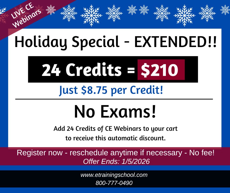 EITINS's tweet image. 🎉 Just announced: Our Holiday CE Special is EXTENDED through Jan 5, 2026!

Get 24 CE webinar credits for $210 — only $8.75/credit.
Live webinars. No exams. Automatic discount when you add 24 credits.

➡️ etrainingschool.com

#InsuranceCE #EasyCE #HolidaySpecial