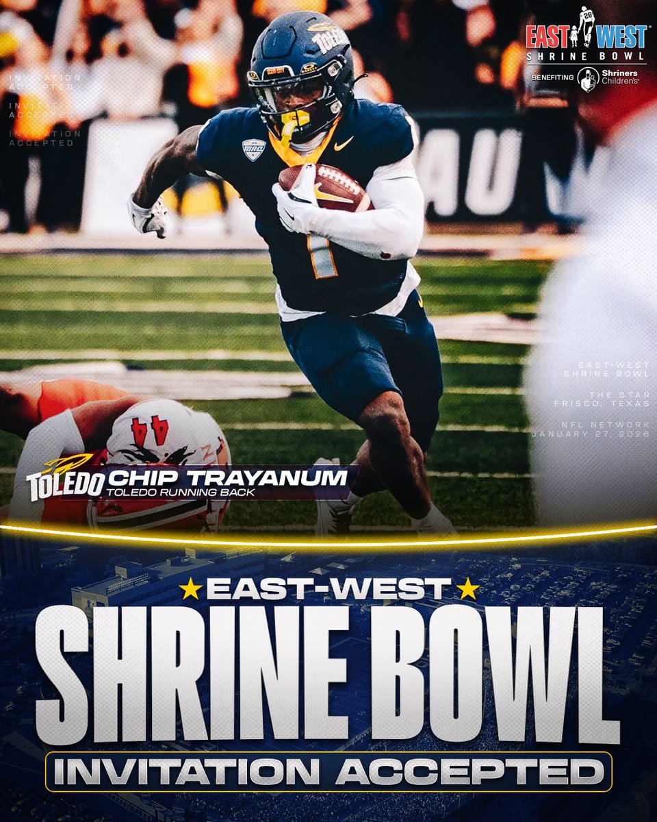 Invitation Accepted

<a href="/ToledoFB/">Toledo Football</a> RB Chip Trayanum (<a href="/Chipperrz_/">DeaMonte “Chip” Trayanum</a>) is locked in for the East-West Shrine Bowl! 🚀

#TeamToledo | #ShrineBowlWHOSNEXT 😎