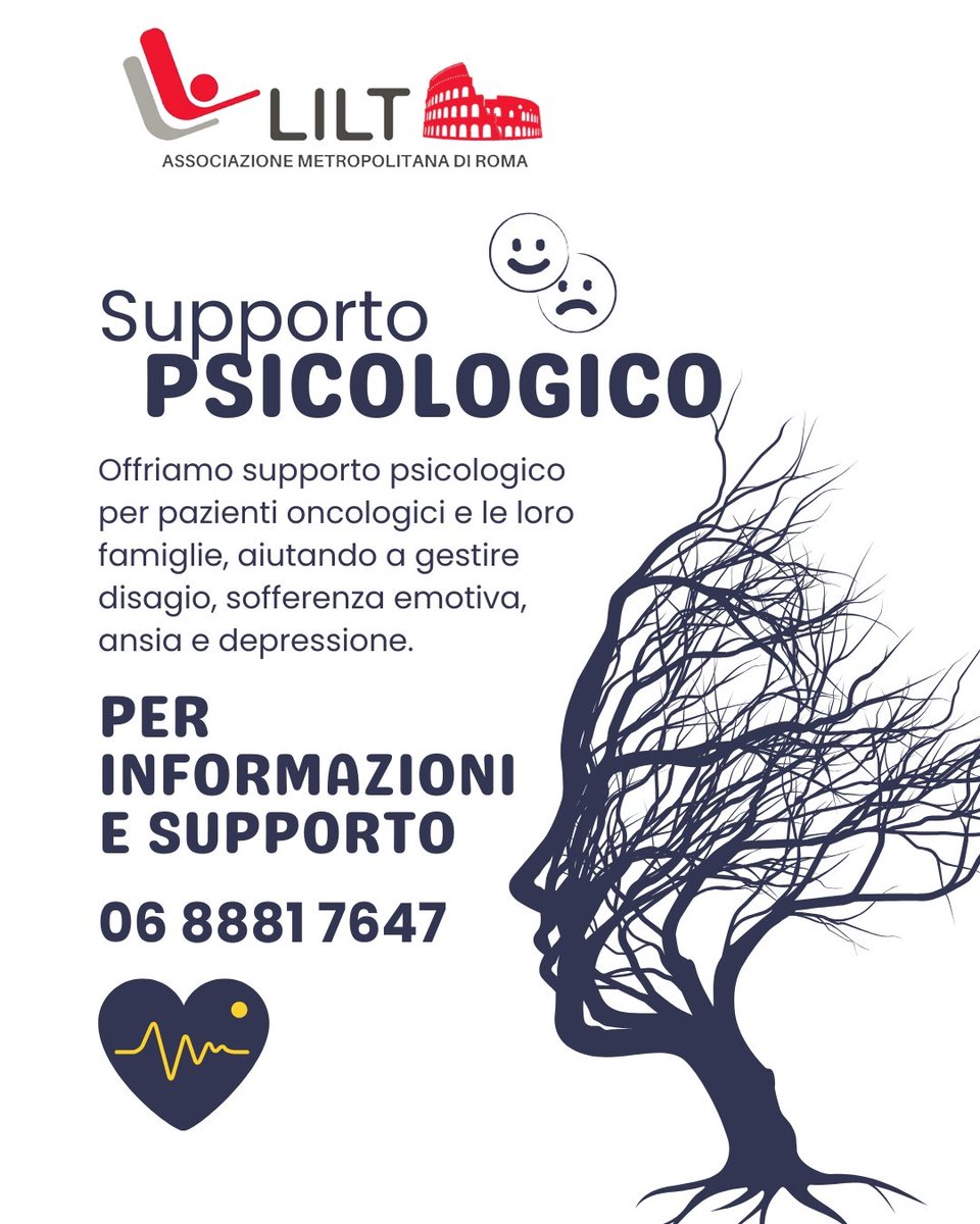 💙 Non sei solo.
La diagnosi oncologica porta con sé un forte impatto emotivo, che coinvolge non solo il paziente ma anche tutta la famiglia.
📞 Per informazioni e supporto: 06.88817647
💚 Prendersi cura delle emozioni è parte fondamentale della cura.
#LILTRoma #Supporto