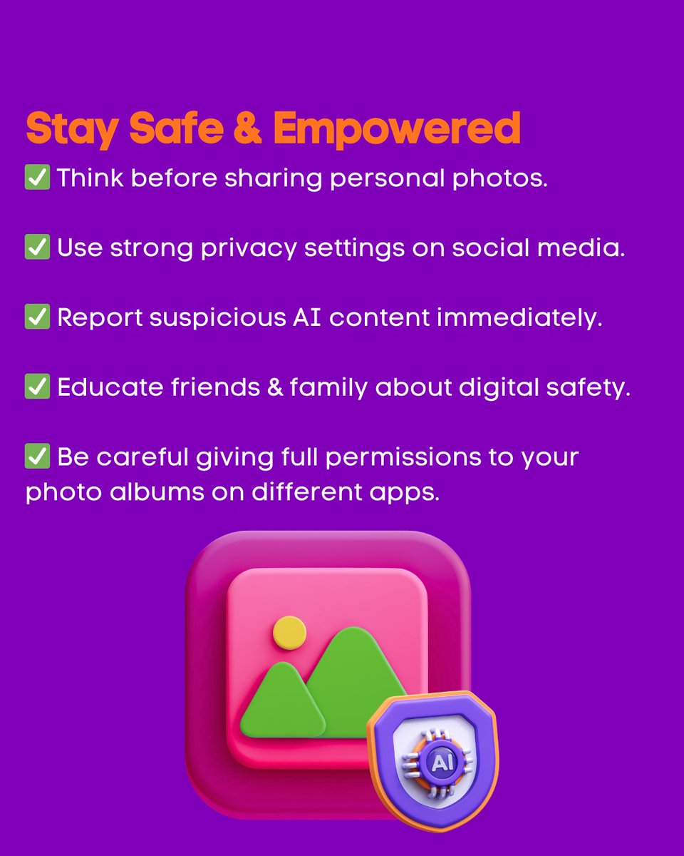 girlsvoices1's tweet image. Day 8 of #16DaysOfActivism 🚨
AI &amp;amp; Deepfake Dangers

Women are increasingly being targeted with AI-generated fake photos and videos created without consent — used to shame, threaten, or control.

Read to find out more. 👇🏽
#DigitalSafety  #DeepfakeAwareness #EndDigitalViolence