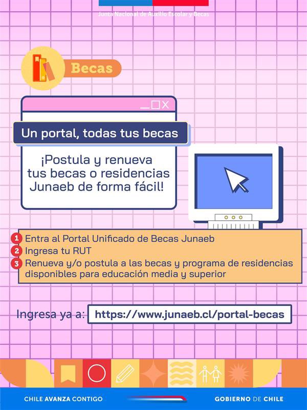 Con el Portal Unificado de Becas, podrás renovar y postular a becas y programas de residencias de Junaeb de forma más fácil 👌.  
 
Realiza tu trámite en línea antes del 31 de enero en junaeb.cl/portal-becas 💻
