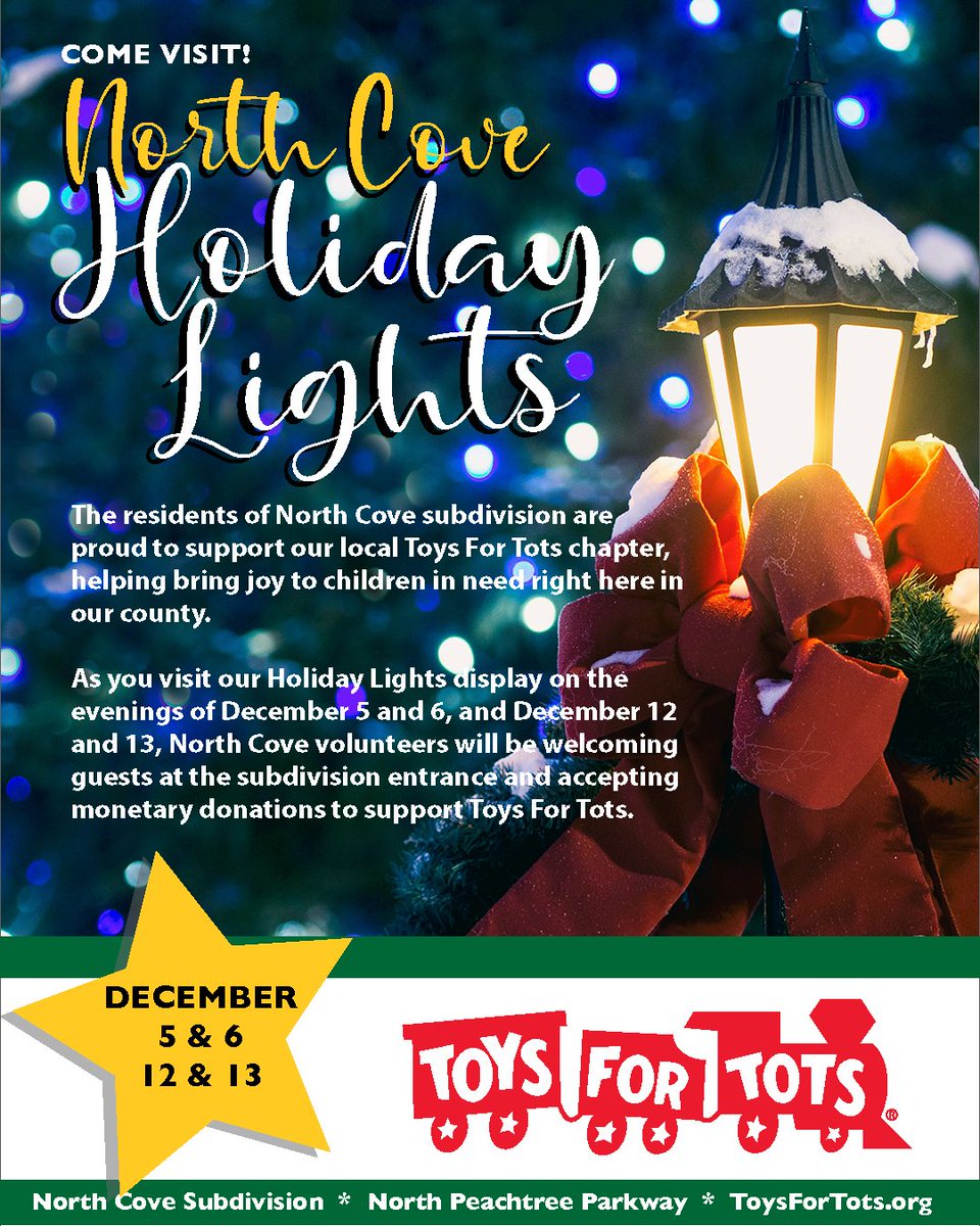 🎄✨ Enjoy the magic of the season AND make a difference!

North Cove is lighting up the neighborhood on Dec. 5–6 &amp; 12–13 to support Toys for Tots. Drive through the festive display and drop off a new toy or donation to help brighten a child’s holiday. ❤️🎁

📍 North Cove