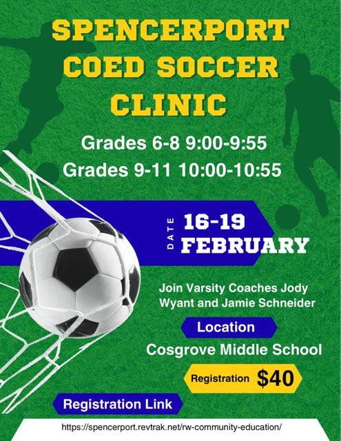 Got plans for February break? Check out a Spencerport soccer clinic. 

spencerport.revtrak.net/rw-community-e…