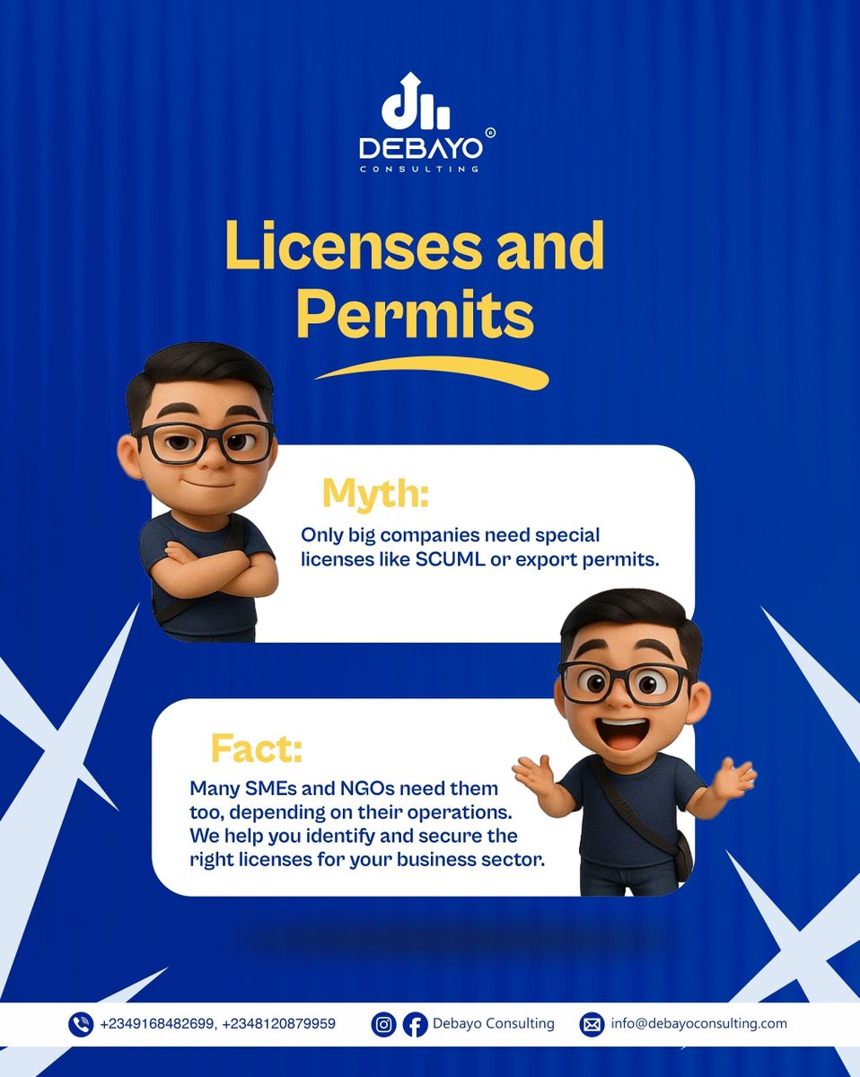 Dbay_Consulting's tweet image. Many business owners think special licenses like SCUML or export permits are only for big companies.

The truth is, SMEs and NGOs often need them too, depending on their activities.
#debayoconsulting #scuml