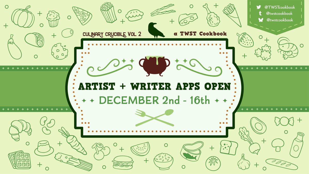 🪞 APPLICATIONS NOW OPEN🪞

Registration for the next semester of the Culinary Crucible has begun! We're looking for artists/cosplayers, spot artists, merch designers, and writers!

Apps run through December 16th, so don't wait!

🔗below!