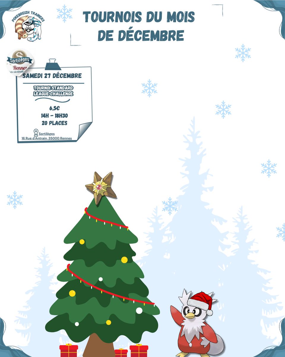 Voici les dates des tournois de Décembre, organisées par nous et nos boutiques partenaires !

● Inscriptions aux événements de l'association :

linktr.ee/PokeBreizhTrai…

Inscrivez-vous rapidement pour être sûr d'avoir des places et bien sûr venez nombreux ❤️