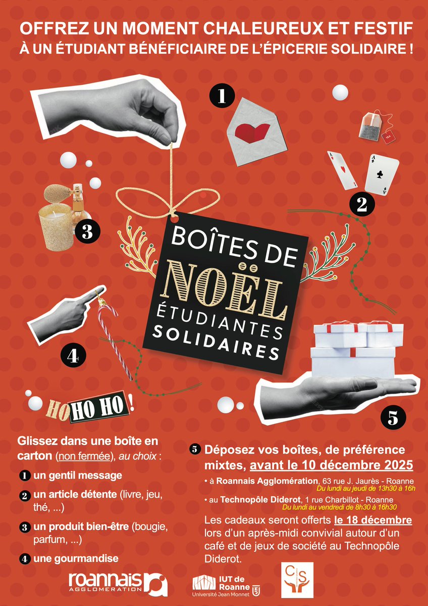🫶 Jusqu’au 10 décembre, <a href="/RoannaisAgglo/">Roannais Agglo</a> relance son opération Boîtes de Noël solidaires pour soutenir les étudiants bénéficiaires de l’épicerie solidaire du Campus de Roanne.

ℹ️ Je souhaite participer : aggloroanne.fr/actualites-277…