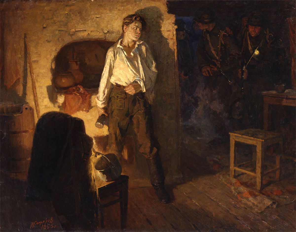 PicturesUssr's tweet image. Sasha Chekalin - Painting by Marat Samsonov, 1955. 
At the outbreak of the Great Patriotic War, Alexander Chekalin volunteered for a fighter squad, and then, when the Tula region was partially occupied by German troops, he became a scout in the "Peredovoy" partisan detachment. In…