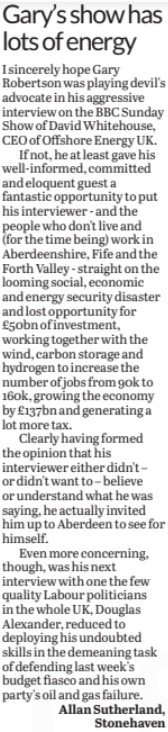 sud55_allan's tweet image. My letter in today's Scotsman about @OEUK_ Offshore Energy Uk's CEO David Whitehouse's trenchant interview with @Bbcgar