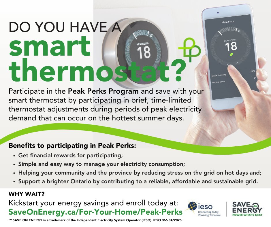 🍃Residents and small businesses can save with Save on Energy’s Peak Perks program. You’ll be rewarded for reducing your energy use when demand for electricity in Ontario is high this summer. Saving energy is simple with the Perk Peaks Program. Apply today!⚡️ <a href="/SaveonEnergyOnt/">Save on Energy</a>