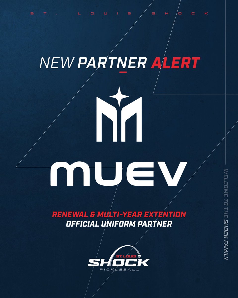 stlshockmlp's tweet photo. CHAMPIONSHIP PARTNERSHIP CONTINUES 🏆
The St. Louis Shock and MUEV are running it back!
We're thrilled to announce a multi-year partnership extension with premium pickleball apparel brand MUEV as our Official Uniform Provider through 2027.
#STLShock #ShockNation #Pickleball https://t.co/qJJ68SEglP