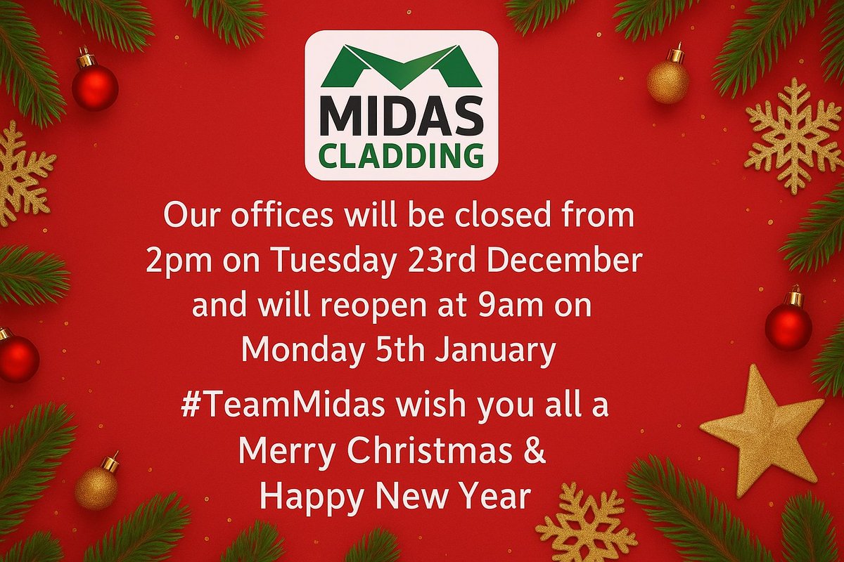 Midas_Cladding's tweet image. Please note that our offices will be closed for the festive period from 2pm on Tuesday 23rd December and will reopen at 9am on Monday 5th January.

Contact us: 
📞 01642 253 500
📧 info@midascladding.com

#TeamMidas #FestiveSeason #OpeningHours🎄