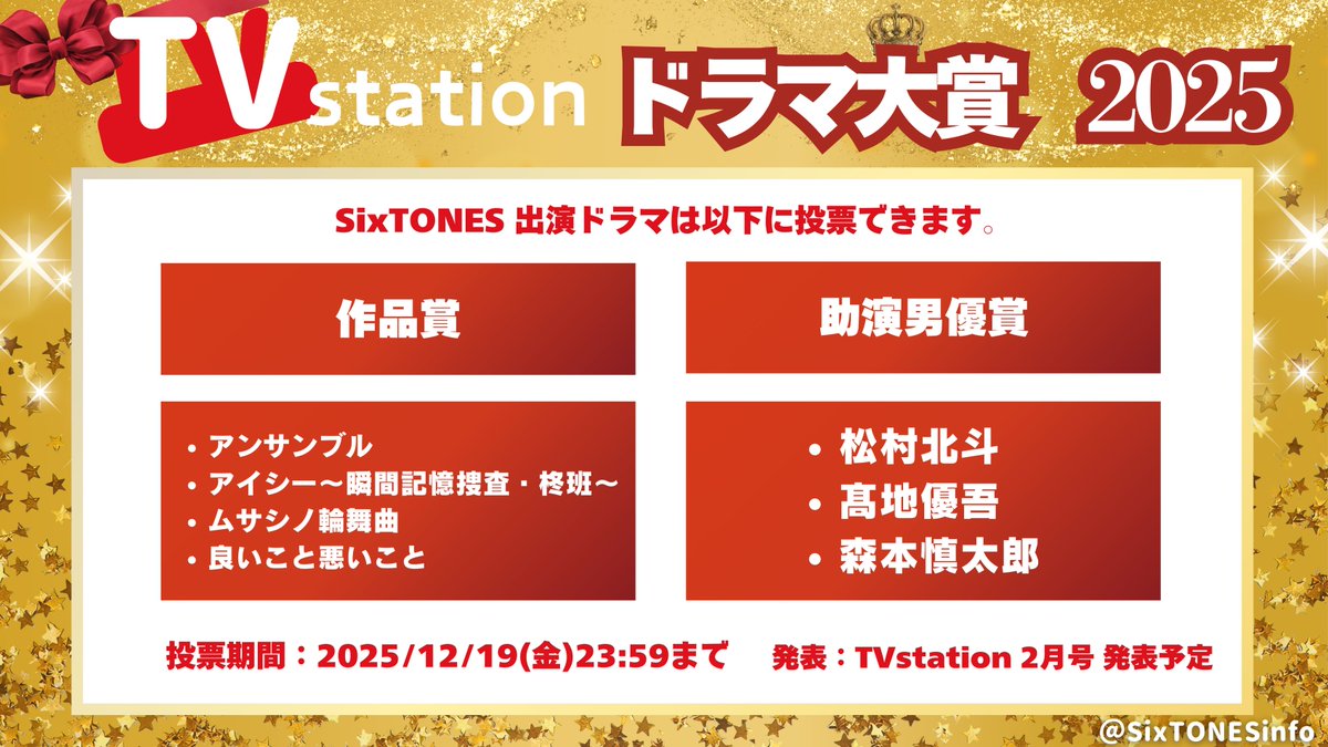 SixTONESinfo's tweet photo. 📺 TVstation 2025 ドラマ大賞🏆
SixTONES 出演ドラマ 投票受付中

投票はこちらから
🗳️https://t.co/THV8Xgj2vj

🗓️投票期間：12/19(金)23:59まで
#SixTONES #SixTONES_AWARDS https://t.co/mLo9JBGdg8