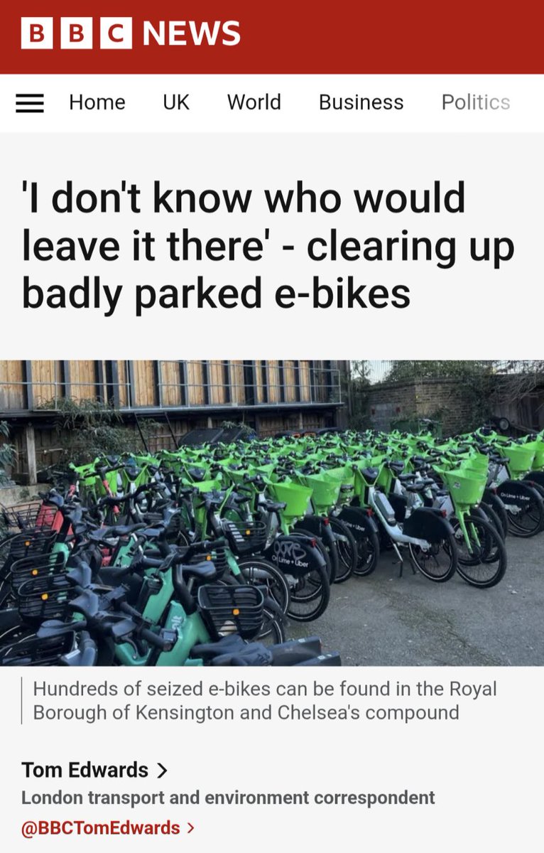 Clearing up the e-bikes left badly parked on London's streets - BBC News share.google/MaOYR94fxBn2Yl…

<a href="/Brent_Council/">Brent Council</a> <a href="/KrupeshHirani/">Krupesh Hirani AM for Brent and Harrow</a> <a href="/MAsgharButt/">Cllr Muhammed Butt</a> <a href="/Tariqmdar/">Cllr Tariq Dar MBE</a> <a href="/DawnButlerBrent/">Dawn Butler ✊🏾💙</a>