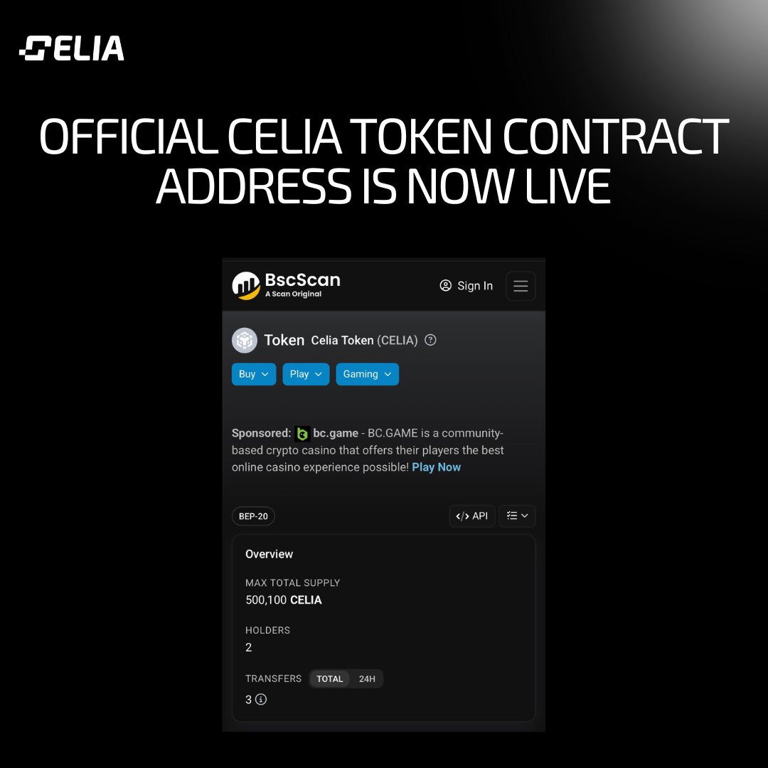 The Official $CELIA Token Contract Address is now live. 

Add $CELIA Token to your wallet

Official Contract Address: 0x5e60f8f877a12af906ed24764367e52df697ec0e
