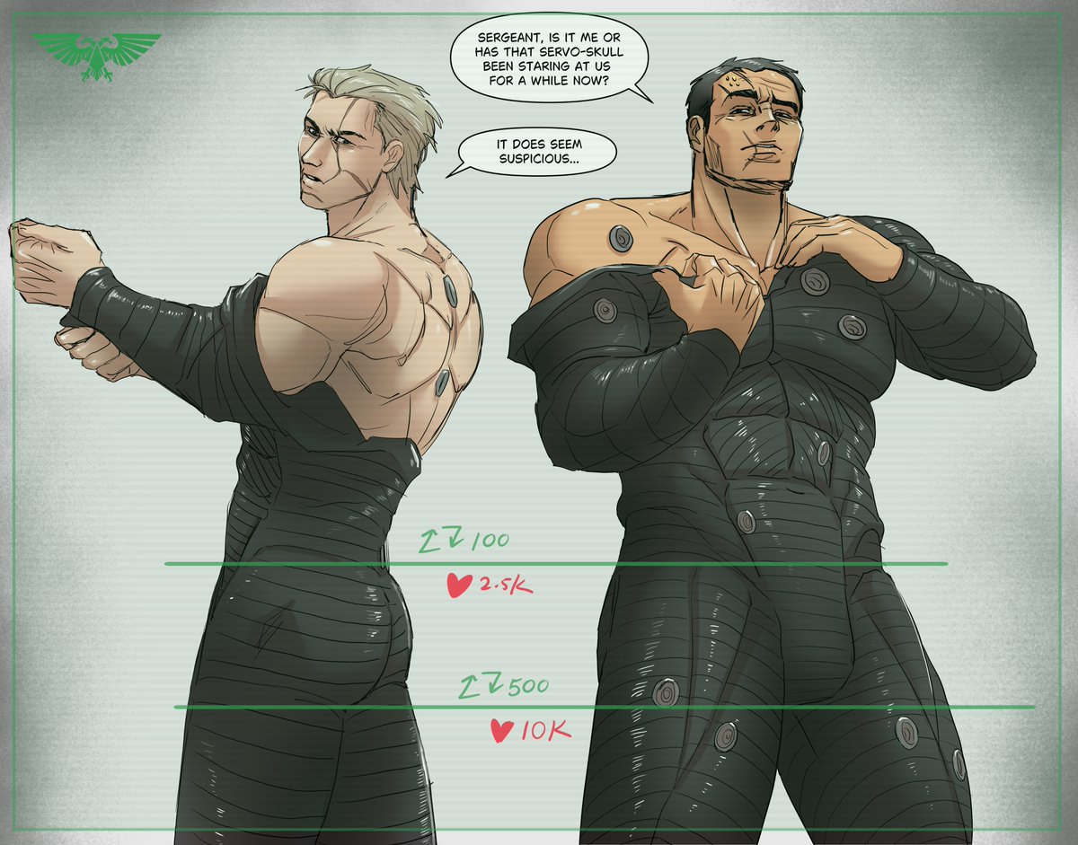 If I were made into to a servo skull, this would be me. I wonder if taking off the underarmor is like taking off a wetsuit? Also, I am wondering if the last underarmor post was a fluke or if X is as thirsty as I am?🤣
Also also, please don't make me use my drawing skills for