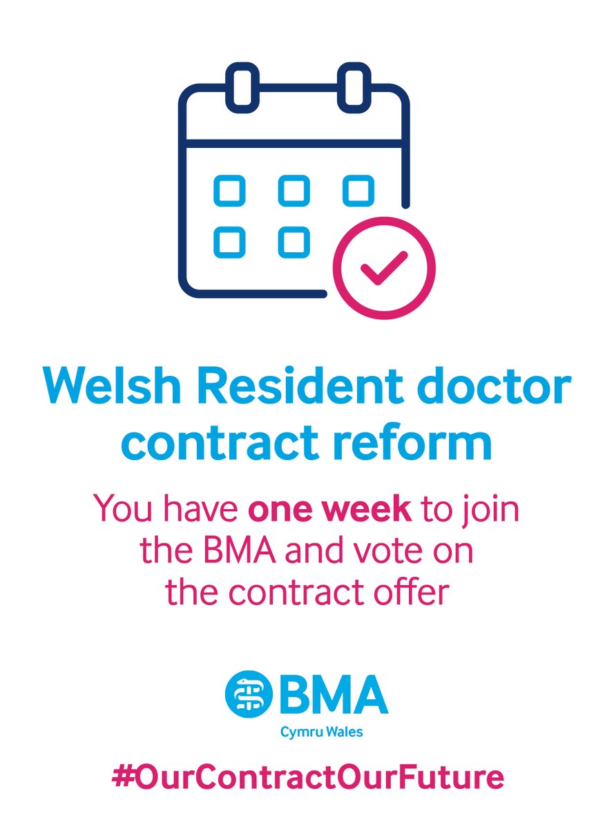 ⏳ One week left to join so you can have your say!
 🩺 Resident doctors &amp; final year med students in Wales – join the BMA today to take part in the contract referendum.
 ✅ Your voice matters – don’t miss out!
 👉 Join now: bma.org.uk/join
#OurContractOurFuture