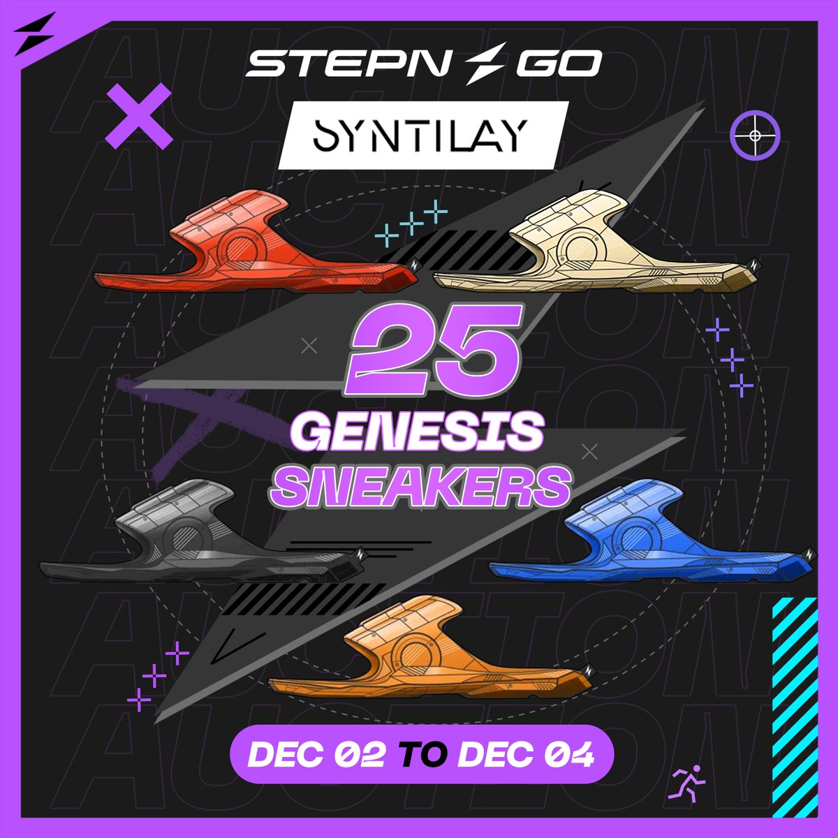 Crypto30Y's tweet image. 🔥 STEPNGO × Syntilay Genesis Sneaker Auction ⚡️

#FSL has announced a special auction featuring 25 #STEPNGO Genesis digital sneakers, inspired by the recent STEPNGO ×  @syntilay Slides. 

💫Each winning bidder will also receive a matching pair of the physical Syntilay slides. A