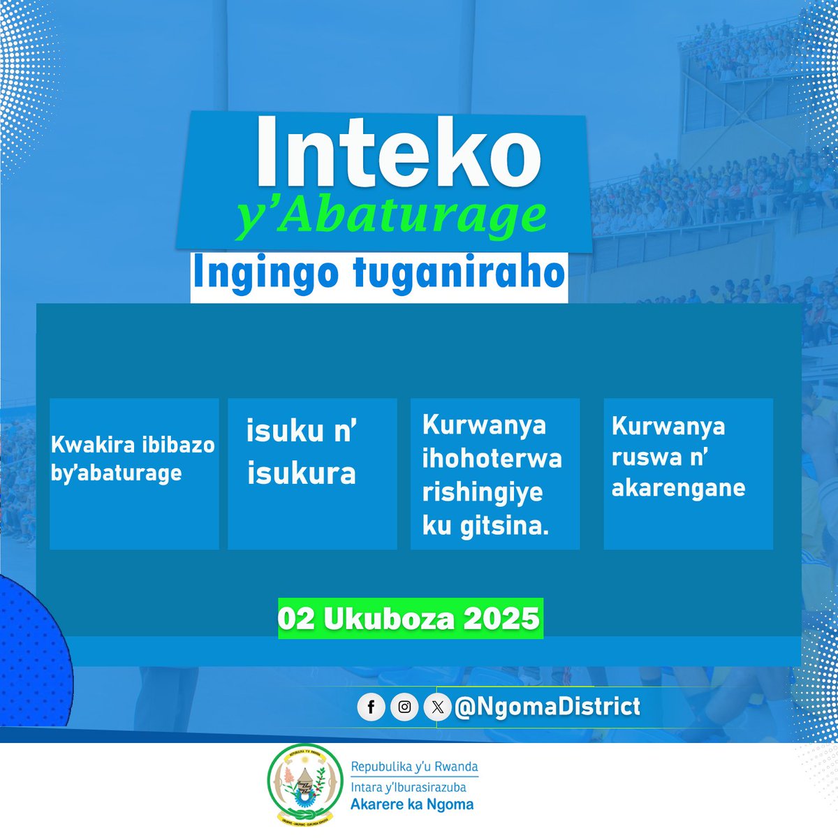 NgomaDistrict's tweet photo. #Inteko: Ku gicamunsi cyo kuri uyu wa Kabiri, mu Tugari twose tugize Akarere kacu haraterana inteko z'abaturage. Mwese murararitswe muze kwitabira mufatanye n'abayobozi kujya inama no gukemura ibibazo. https://t.co/Hqf9G10k5q