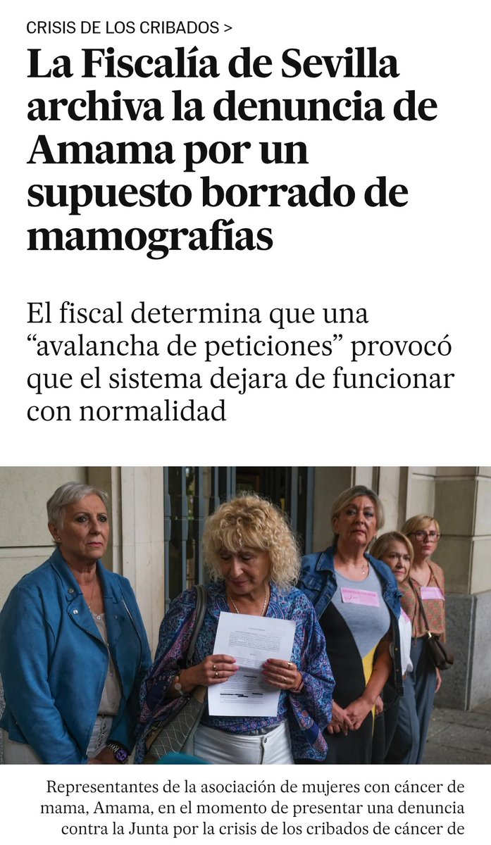Hoy, la Fiscalía de Sevilla echa una mano al presidente Juanma Moreno del PP y archiva la denuncia de la asociación Amama por el borrado de mamografías. El fiscal ha considerado que el sistema dejó de funcionar con normalidad por culpa de la "avalancha de peticiones" de mujeres.