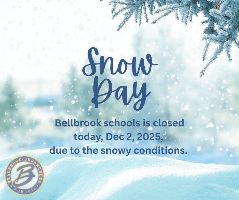 BellbrookSchool's tweet photo. Good morning. Bellbrook Schools will be closed today, December 2, 2025, due to the snowy conditions. Thank you, and stay safe and warm. #ilovebellbrookschools https://t.co/5ofp1oQGQW