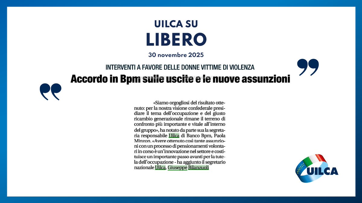 “Importante passo avanti per la tutela dell’occupazione” così il segretario nazionale #Uilca Giuseppe Bilanzuoli commenta l’accordo in #BancoBpm su <a href="/Libero_official/">Libero</a>. Soddisfatta anche la segr. responsabile Uilca Banco Bpm, Paola Minzon: “Orgogliosi del risultato ottenuto”