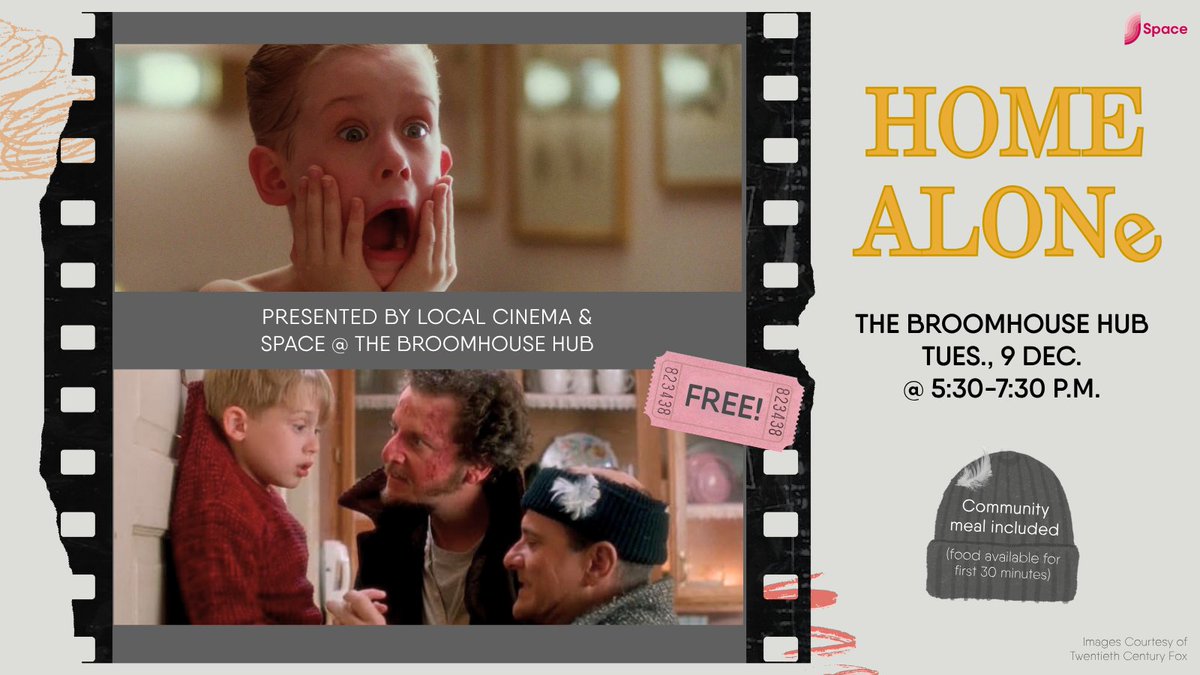 SpaceBroomhouse's tweet photo. Join us next week for our final FREE family-friendly films of the year.

😱 'Home Alone' (PG)
📅 Tuesday, 9 Dec.
🕰️ 5:30-7:30 p.m.

Food available for FIRST 30 MINUTES; enjoy dinner whilst watching the movie.

Children under 12 MUST be accompanied by an adult.

#HomeAlone #Space https://t.co/19qmyw67ix